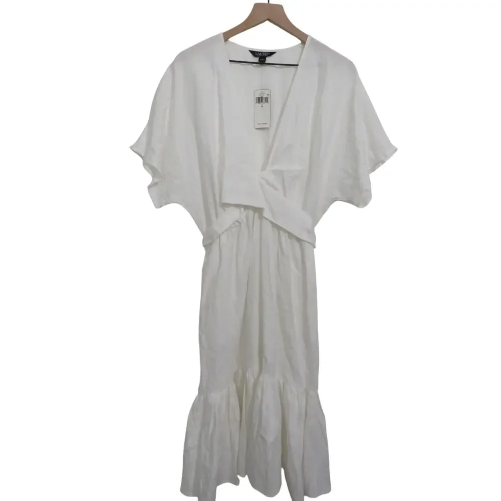 Lauren Ralph Lauren Womens Sz 8 White Belted Linen Wrap Style Dress Midi Summer - Picture 1 of 7